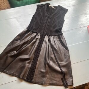 Cluny Black Wool Knit Leather A-Line Dress V-Neck Sleeveless Knee XS